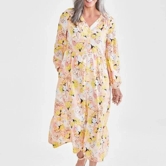 Style & Co. Floral Print Long Sleeve Button-Front Midi Dress Petite Medium - Picture 1 of 15